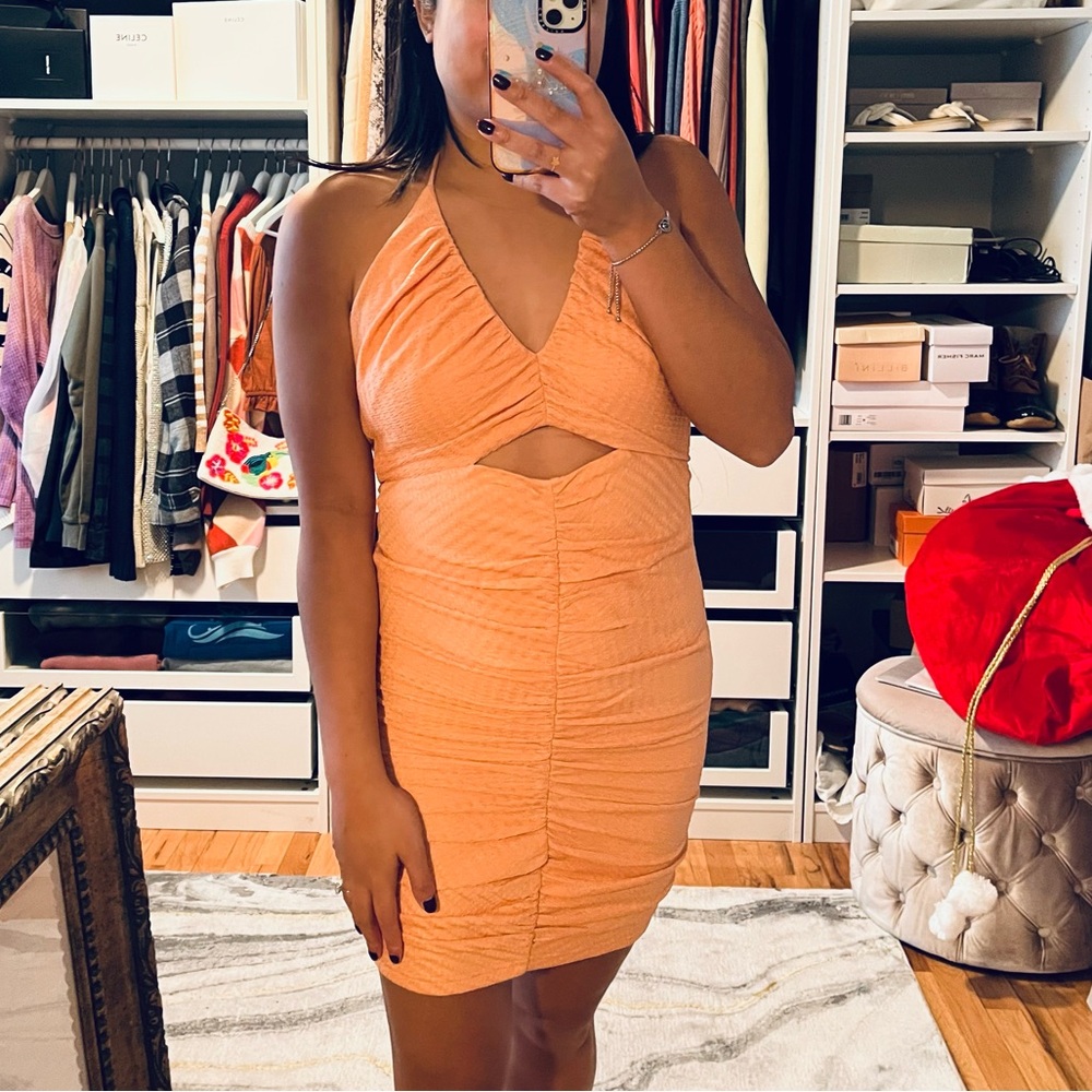 MURA BOUTIQUE Orange Ruched Cutout Mini Dress